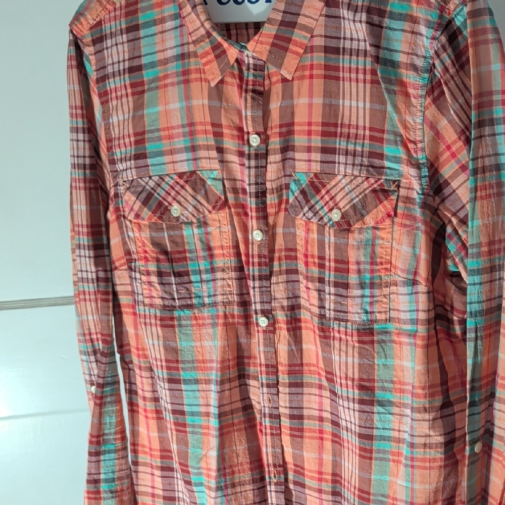 Eddie Bauer Orange and Green Plaid Shirt